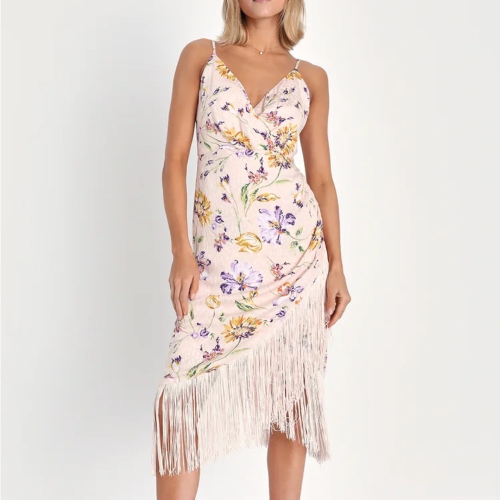 Blush Pink Floral Jacquard Fringe Midi Dress